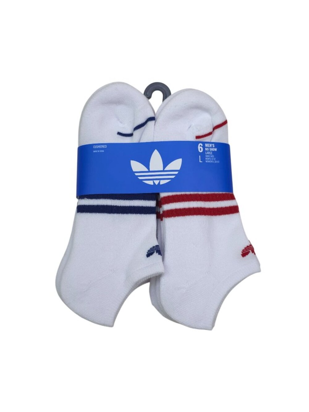 Adidas No Show Cushioned Socks 6 pk Large Mens Moisture Wicking Red Blue Stripe